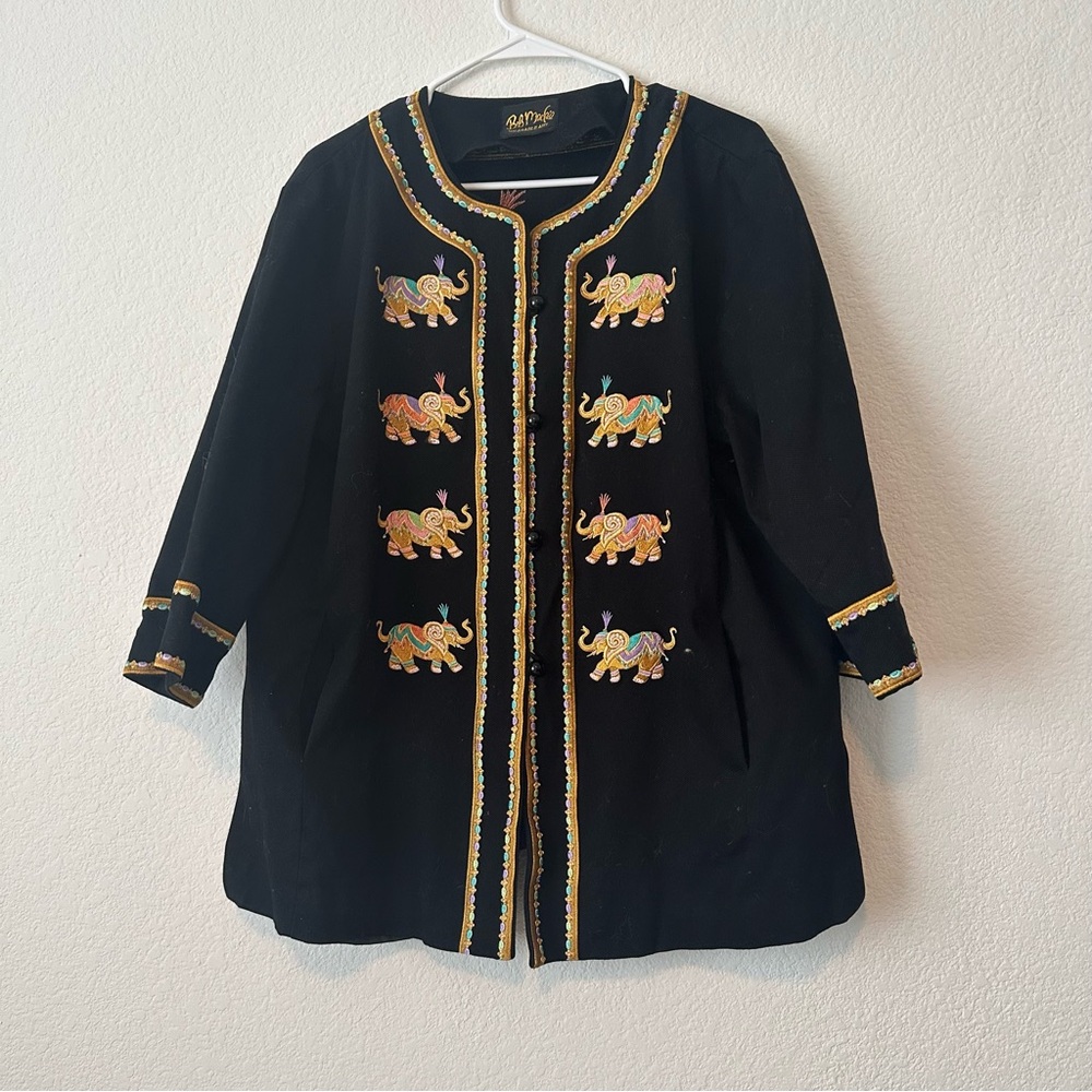 Artisan Black Jacket with Colorful Elephant Embroidery